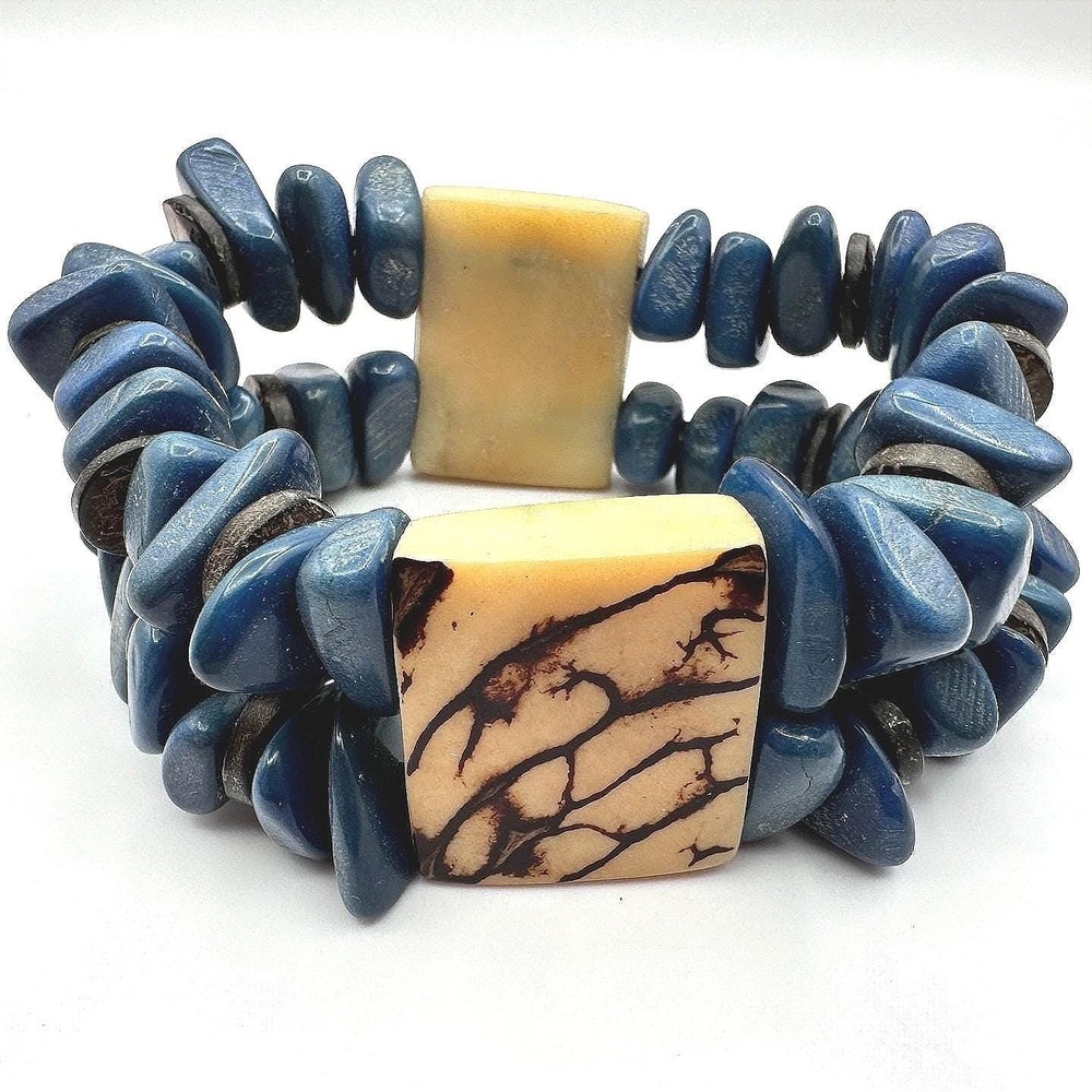Vintage 90s Cream Floral‎ Wooden Boho Blue Stone Stretch Bracelet Chunky Jewelry